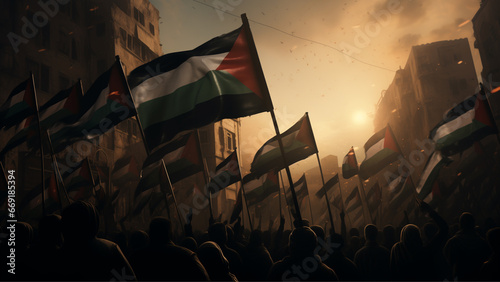 Historic Palestinian Flag Protest at Sundown | People waving Palestinian flag | Palestine and Isreal war photo