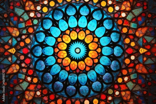 Multicolored Kaleidoscopic mandala of geometric shapes seamless pattern of stained glass window. Abstract graphics background seamless pattern.