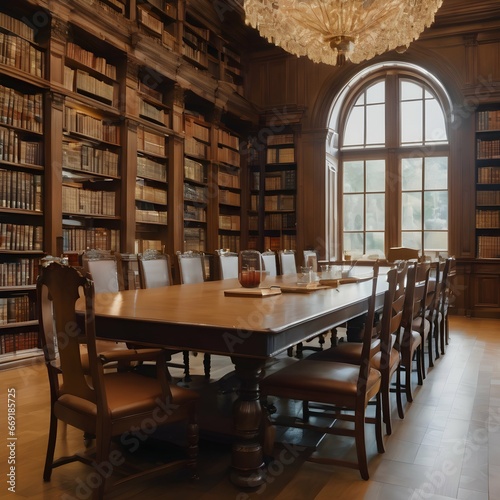 Long table with chairs in the library room with bookshelves in the background