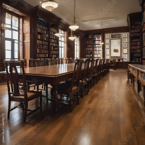 Long table with chairs in the library room with bookshelves in the background