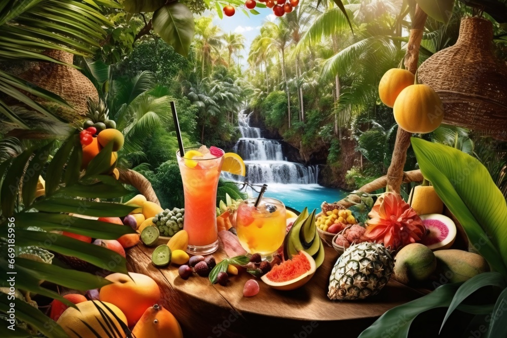 Tropical fruits on the beach with beautiful waterfall in the background