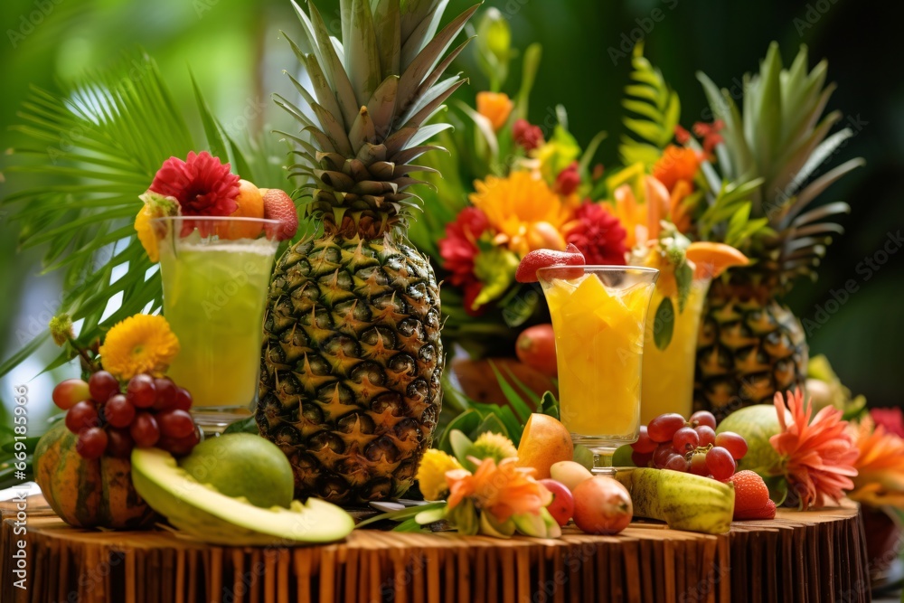 Assorted fresh tropical fruits in a basket on a dark background. Assorted fresh tropical fruits in a basket on a dark background.