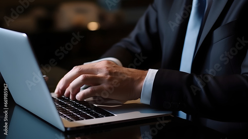 A businessman typing on a laptop keyboard