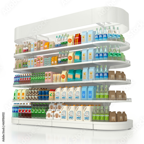 Shelf rack, display case for a supermarket with display of goods. 3d illustration