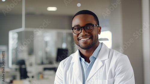 Portrait of smiling attractive african american young male doctor wearing in a white coat standing in a hospital background looking at camera. Good family doctor, therapist advice and friendly. ai.