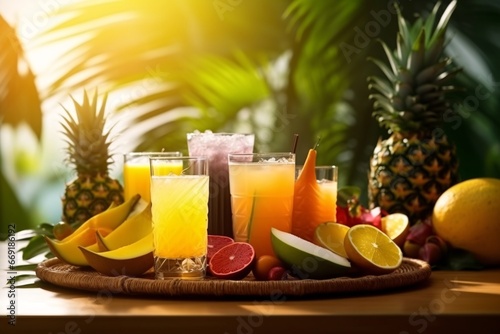 Fresh fruits and juice on wooden table with palm leaves. Tropical background