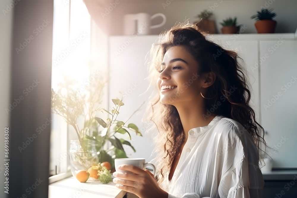 Happy caucasian girl going to drink coffee in kitchen