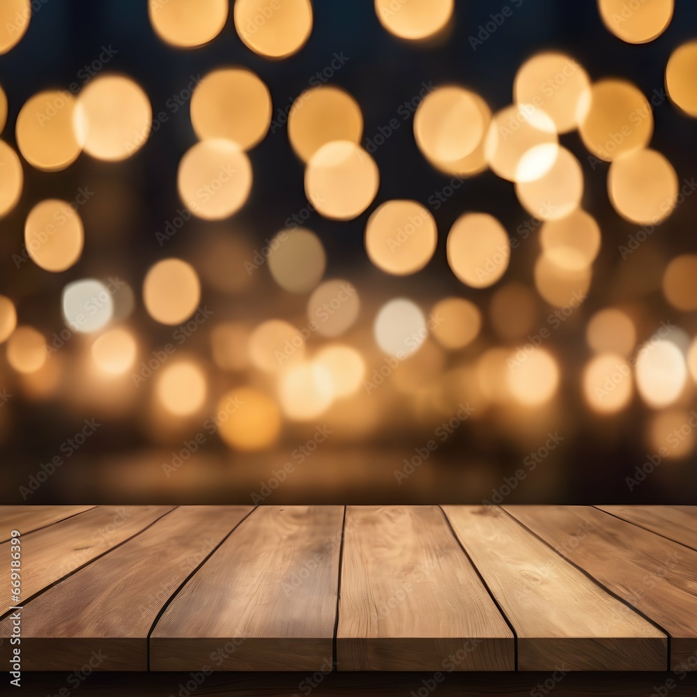 Empty light wooden table with golden bokeh lights background Empty light wooden table with golden bokeh lights background