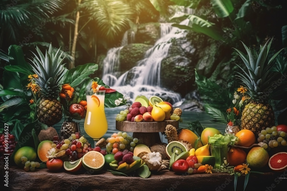 Tropical fruits on the beach with beautiful waterfall in the background Tropical fruits on the beach with beautiful waterfall in the background