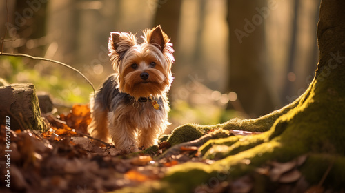 Yorkshire Terrier (Yorkie) in the autumn forest (AI Generated) © Belogorodov