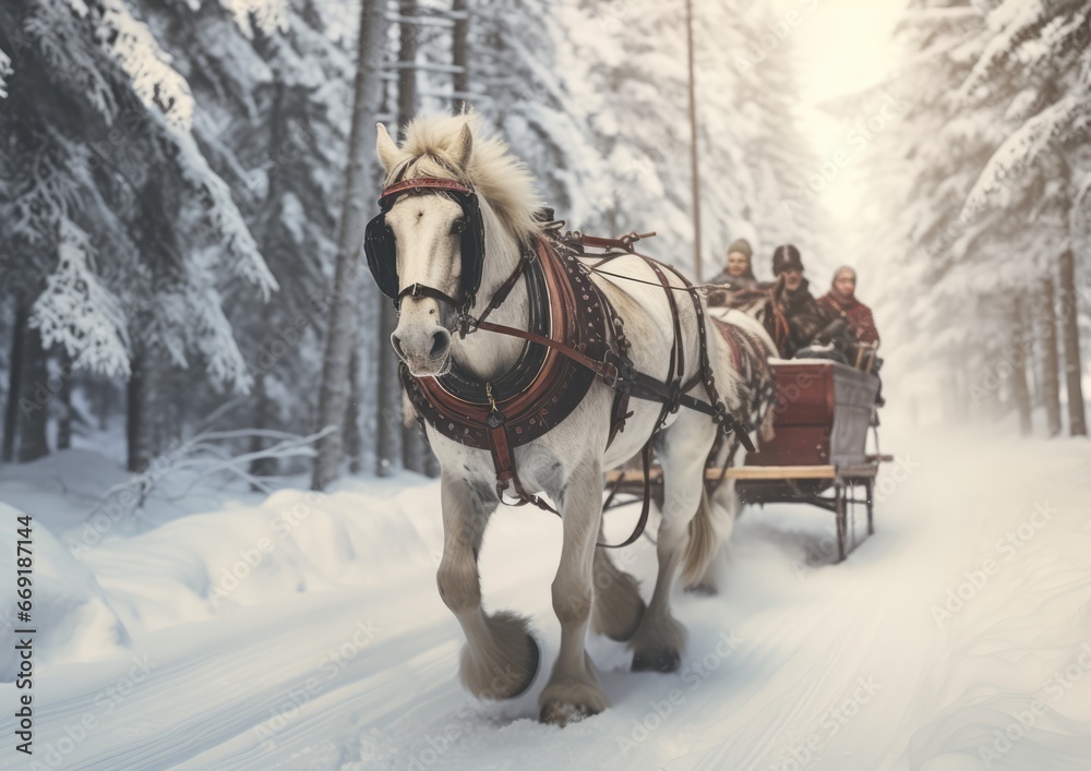 A cinematic image of a horse-drawn sleigh gliding through a snowy forest, with the camera positioned