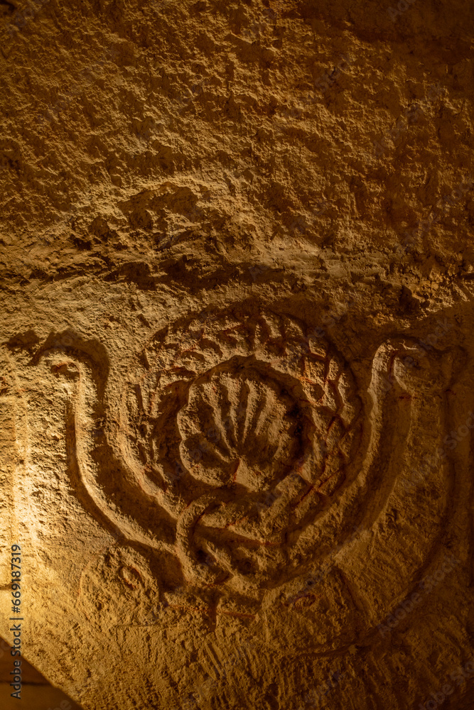 Close up of the carving on the other end of the sarcophagus with the menorah on it  in the newly opened area in the Cave of the Coffins at Bet She'arim in Kiryat Tivon, Israel.

