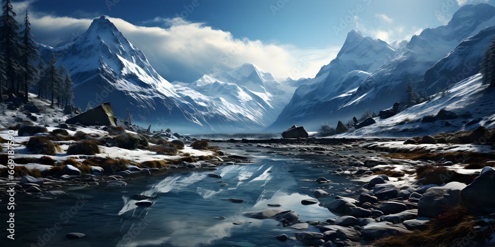 landscape view of icy mountains and rivers in the wild