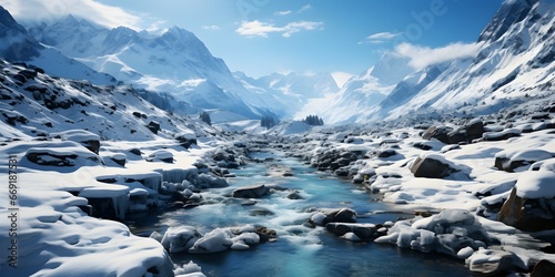 landscape view of icy mountains and rivers in the wild