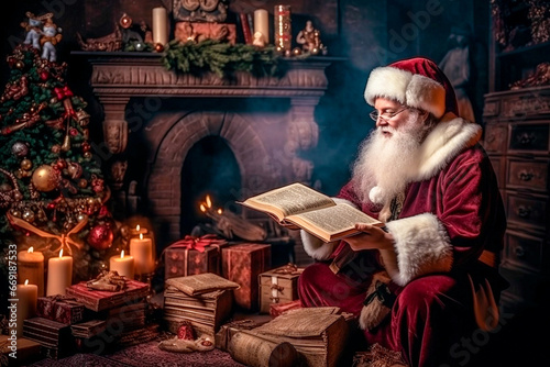 Santa Claus sits by the fireplace and a beautifully decorated Christmas tree and reads vintage books