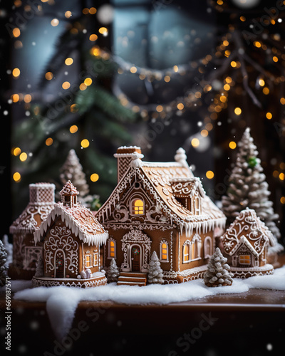  Christmas gingerbread city or town decoration. Colorful christmas gingerbread house panorama - concept