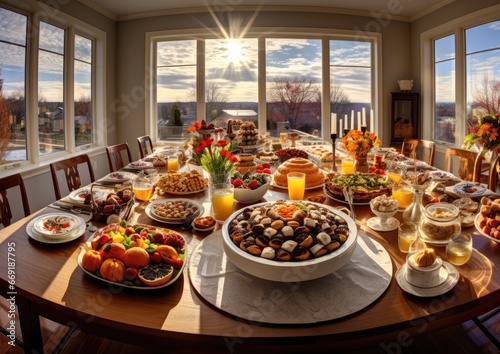 A wide-angle shot of a Thanksgiving table, captured with a panoramic view to showcase the festive at
