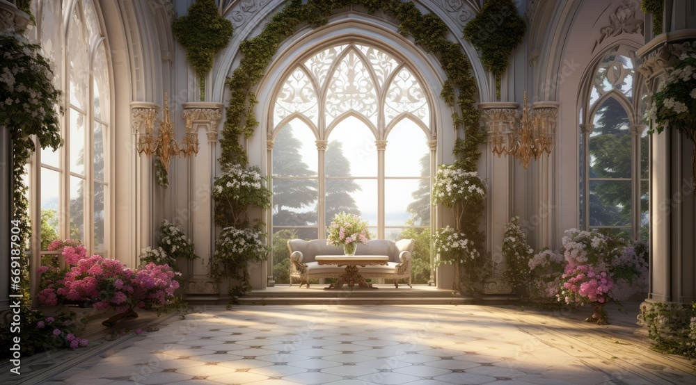 Wedding decorative beauty interior of palace, windows with flower, luxury background, romantic ceremony marriage, green, vintage architecture church