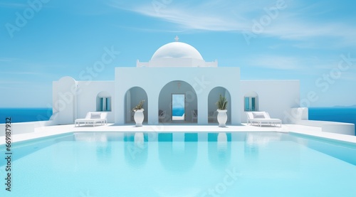 Luxury villa resort, blue swimming pool and sea, summer sky holiday, vacation travel, view water pool, beautiful nature, relax modern, background ocean, house architecture, white color, outdoor