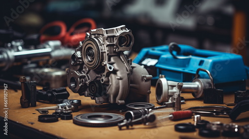 Auto repair, car engine repair, spare parts are laid out on the table. Maintenance of diesel and gasoline equipment, service center