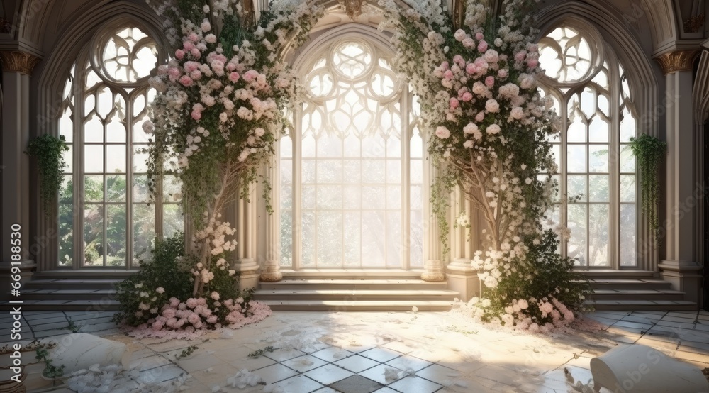 Fabulous Gothic palace, all in flowers and greenery. Wide staircases, columns and large windows in antique style, fairy tale