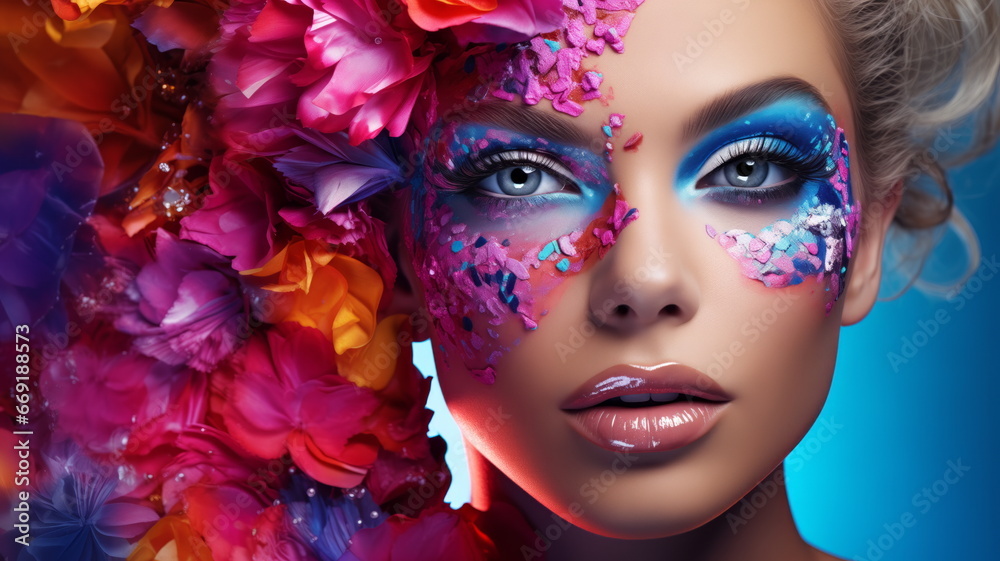 Beauty fashion portrait, makeup close-up, eye shadow bright lipstick. Flower petals background