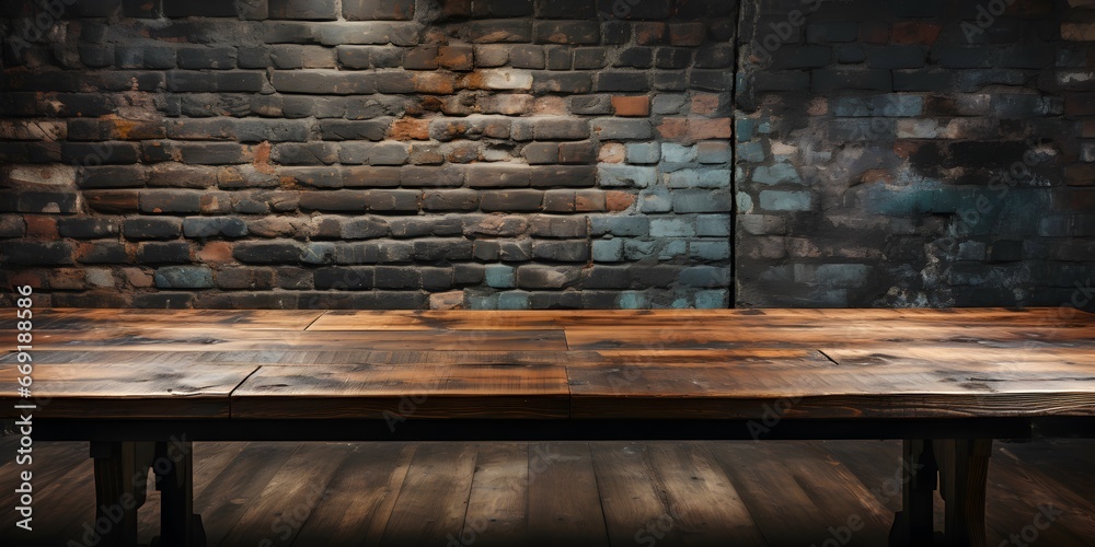empty wooden table with dark brick wall background empty wooden table with dark brick wall background