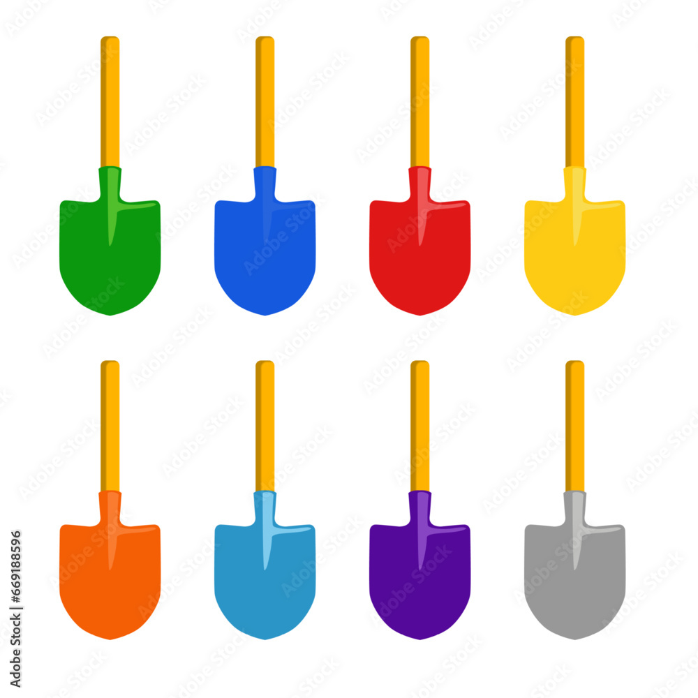 Naklejka premium Vector colored toy shovels for playing sand for children on a white isolated background