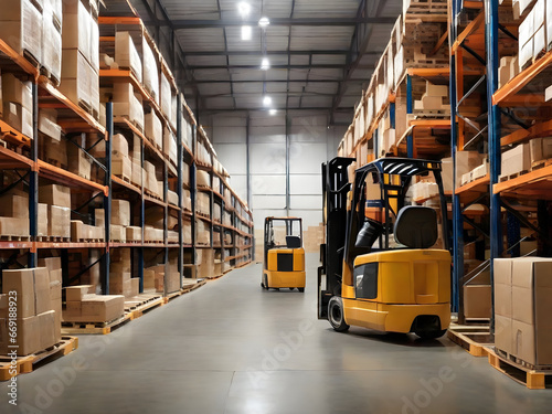 Retail warehouse full of shelves with goods in cartons, with pallets and forklifts. Logistics and transportation blurred background. Product distribution center. © AI