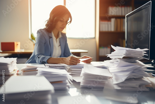 The shot of a beautiful businesswoman or secretary officer is sorting document papers on her messy desk in an office room. Generative AI. photo