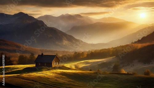 Sunrise in the mountains. Landscape with a rural house.
