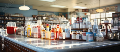 panorama of medicine shelves in drug store and pharmacy background