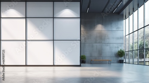 contemporary office corridor interior with mock up white billboard, glass doors, and modern furniture on concrete floors - architectural and design concept photo