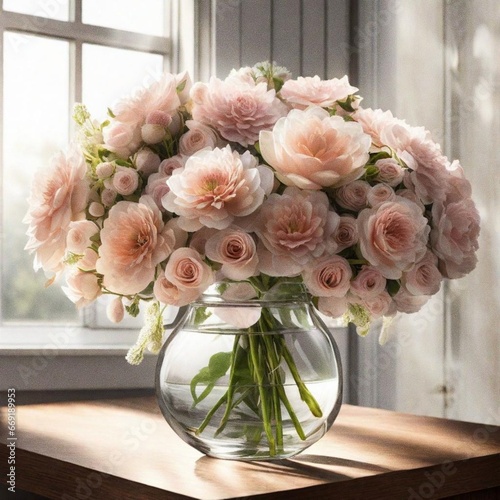 bouquet of flowers in a glass vase near a window