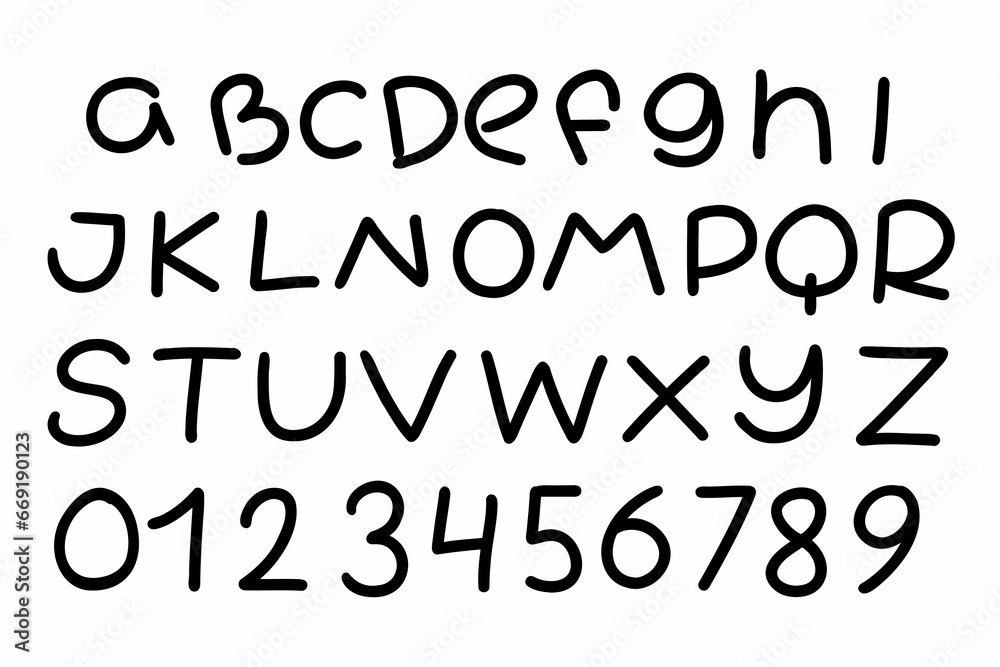 Lowercase modern black english latin abc alphabet font A to Z and digits 0 to 9 set. Vector illustration in doodle hand written style isolated on white background. For naming, card, school, logo. Lowercase modern black english latin abc alphabet font A to Z and digits 0 to 9 set. Vector illustration in doodle hand written style isolated on white background. For naming, card, school, logo.