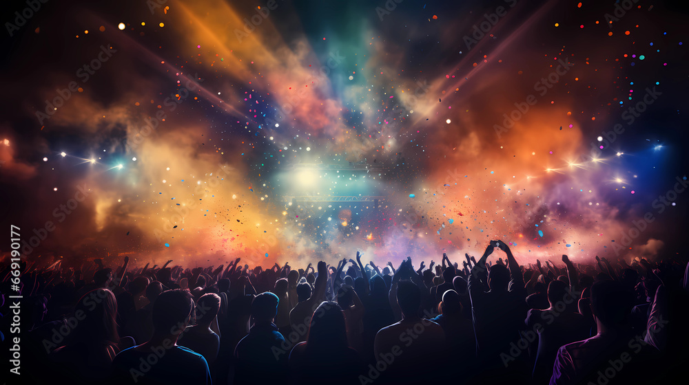 crowd of people in front of a big festival stage crowd of people in front of a big festival stage
