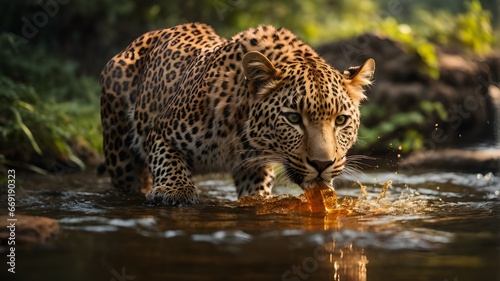 Leopard in a lake. A leopard in a forest. Ai ganerated image