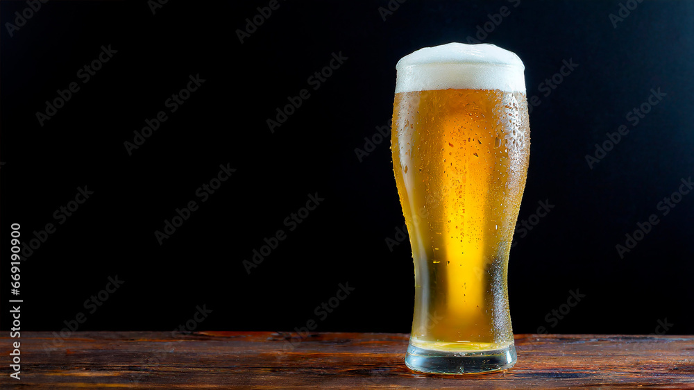 Glass of fresh beer, on dark wooden table, isolated with black background. Generative AI