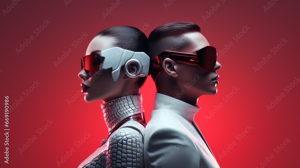 two people wearing sunglasses on a red background, in the style of futuristic cyberpunk