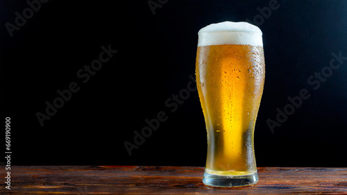 Glass of fresh beer, on dark wooden table, isolated with black background. Generative AI