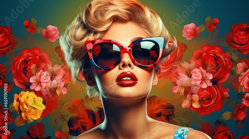 A beautiful woman in sunglasses  surrounded by red flowers