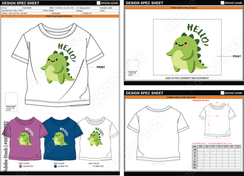 KIDS REGULAR T SHIRTGREEN LITTLE DINO STREETWEAR VECTOR DIGITAL DTG DTF HEAT TRANSFER STICKER SUBLIMATION PRINT T SHIRT TECHPACK MEASUREMENT LAYOUT TEMPLATE DESIGN