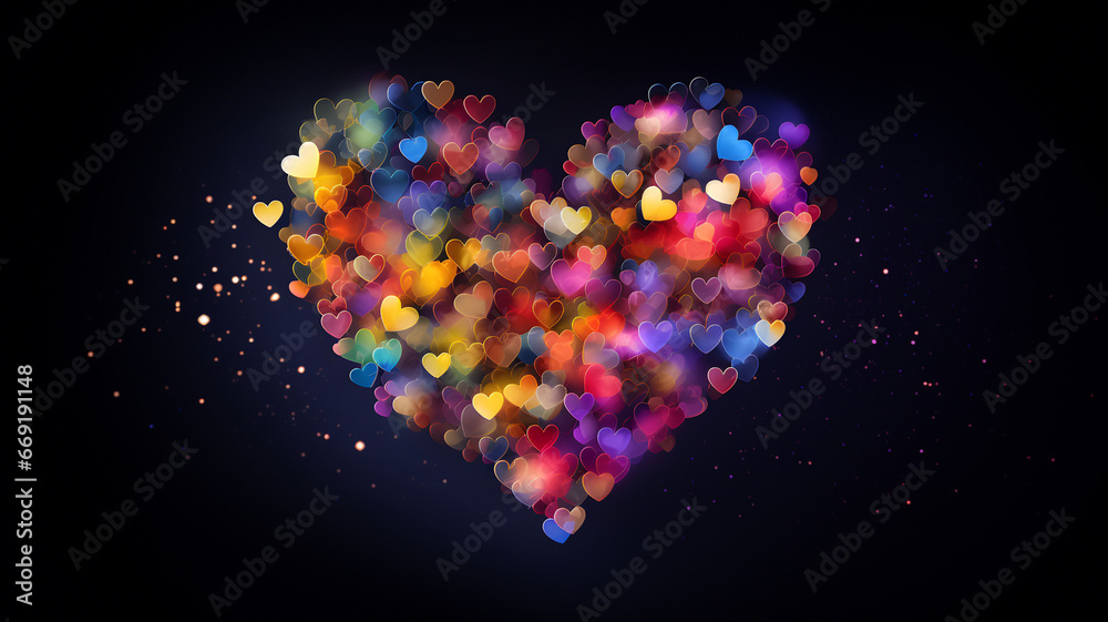Big heart shape on a black background, valentine's day, heart particle, confetti, blurry bokeh, multicolor rainbow hearts, love, romantic, hearts, haze, lights, blurred lights Big heart shape on a black background, valentine's day, heart particle, confetti, blurry bokeh, multicolor rainbow hearts, love, romantic, hearts, haze, lights, blurred lights