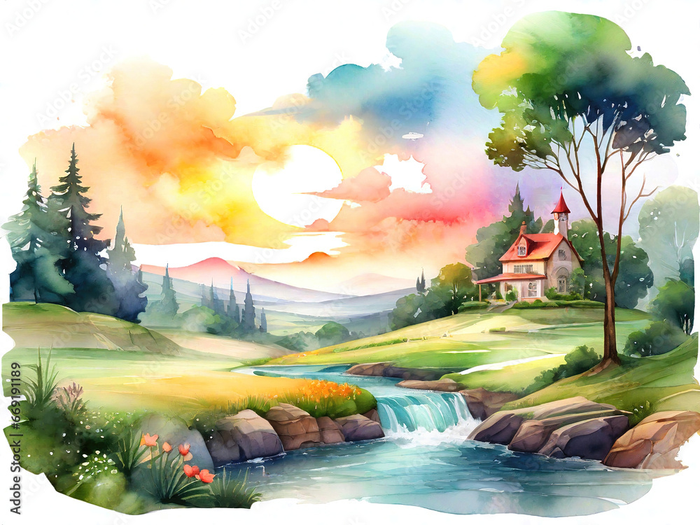 Summer landscape, countryside flowers and meadows, watercolor illustration.