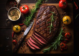 Roasted beef with slices and tomatoes with rosemary and pepper on wooden board with steak knife.Macro.AI Generative