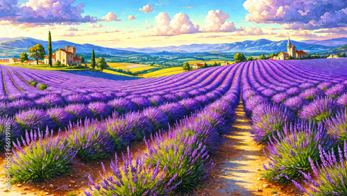 Lavender fields summer landscape in Provence oil painting on canvas.