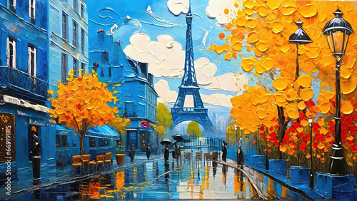 Fototapeta Naklejka Na Ścianę i Meble -  Streets of Paris with the Eiffel Tower in the background oil painting style.
