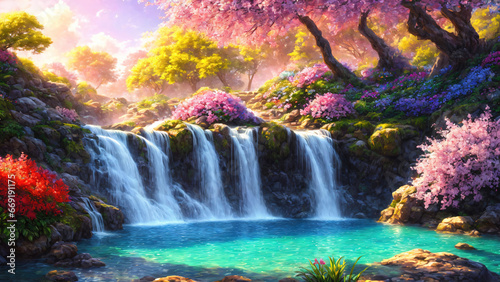 A beautiful paradise land full of flowers  rivers and waterfalls  a blooming and magical idyllic Eden garden.