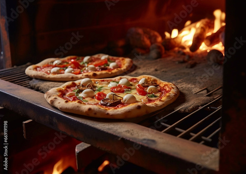 Traditional italian pizza with cheese and tomato and flame background from stone oven.Macro.AI Generative