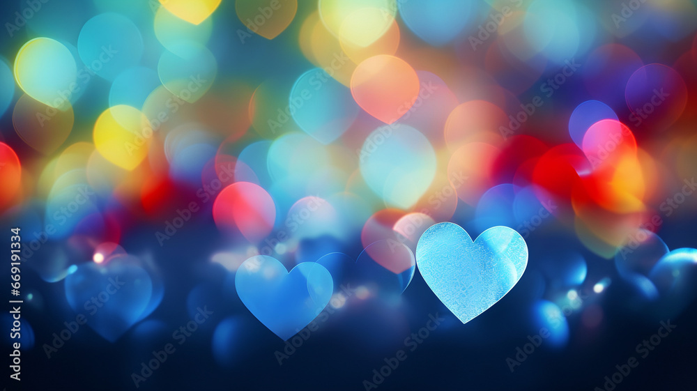 heart shaped confetti, heart shaped bokeh, blurry heart background, romantic, valentine's day, depth of field, heart shaped multicolored lights, haze, rainbow, blue blurred background